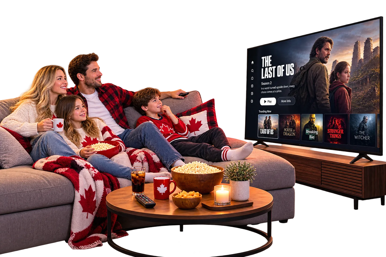Family watching their IPTV Canada streaming guide with trending shows on a Smart TV