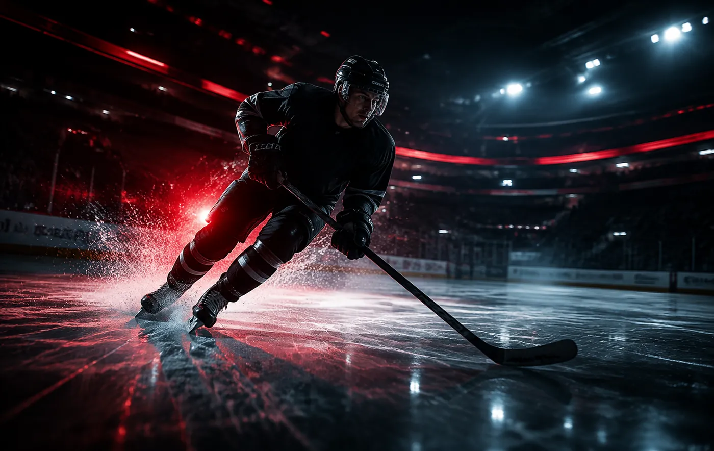 Joueur de hockey en action sur la glace, match de la LNH diffusé en 4K sur IPTV Quebec